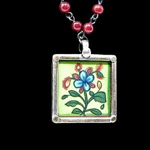Painted Flower and Red Beaded Chain Soldered Silver Pendant Choker Necklace